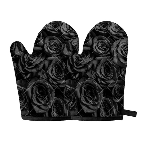 Black Rose Print Oven Mitts