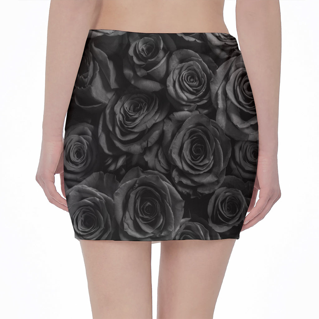 Black Rose Print Pencil Mini Skirt