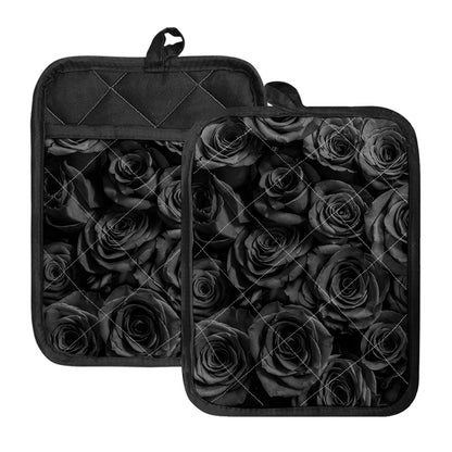Black Rose Print Pot Holders With Pocket
