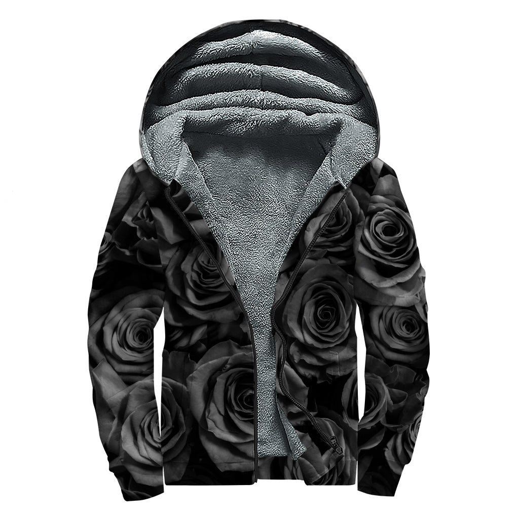Black Rose Print Sherpa Lined Zip Up Hoodie