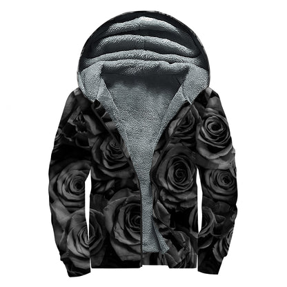 Black Rose Print Sherpa Lined Zip Up Hoodie
