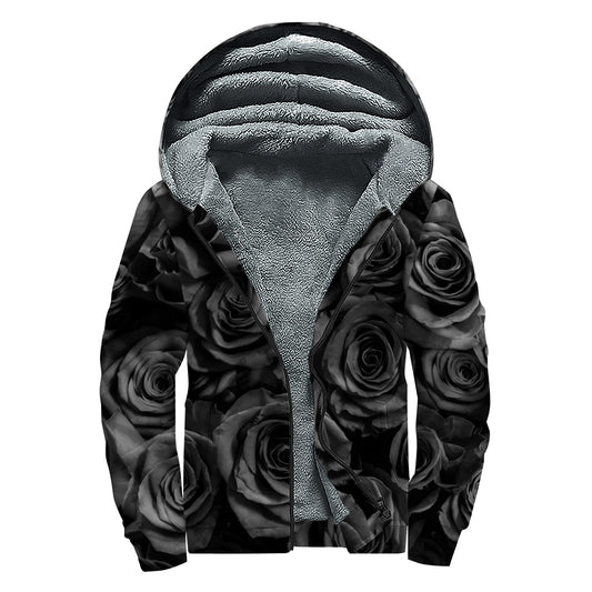 Black Rose Print Sherpa Lined Zip Up Hoodie