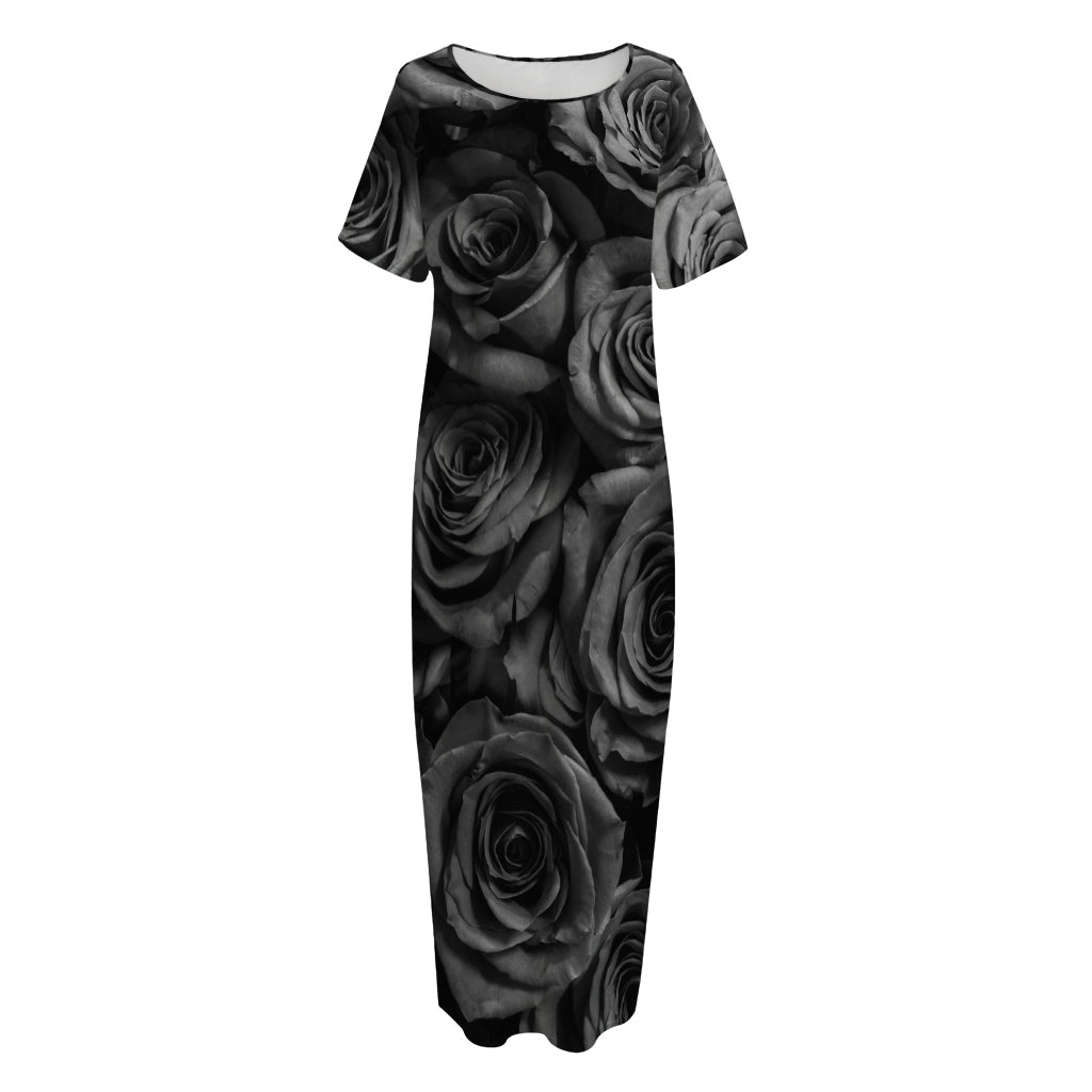 Black Rose Print Short Sleeve Long Nightdress