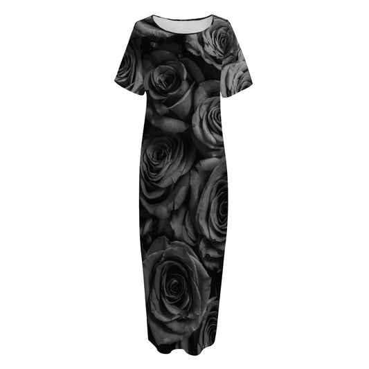 Black Rose Print Short Sleeve Long Nightdress