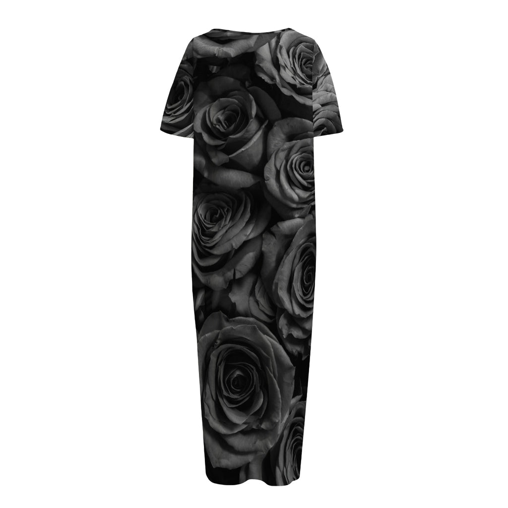 Black Rose Print Short Sleeve Long Nightdress