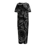 Black Rose Print Short Sleeve Long Nightdress