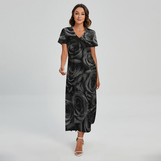 Black Rose Print Short Sleeve Maxi Dress