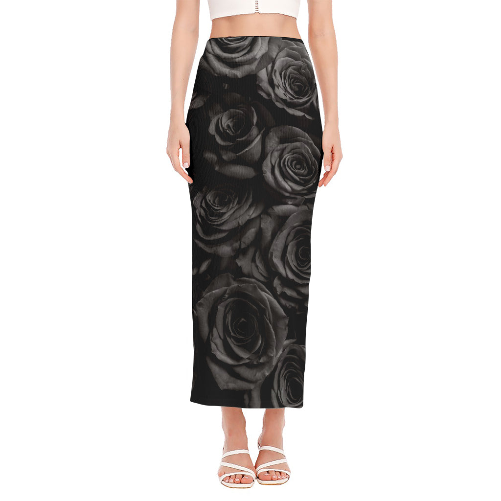Black Rose Print Side Slit Maxi Skirt