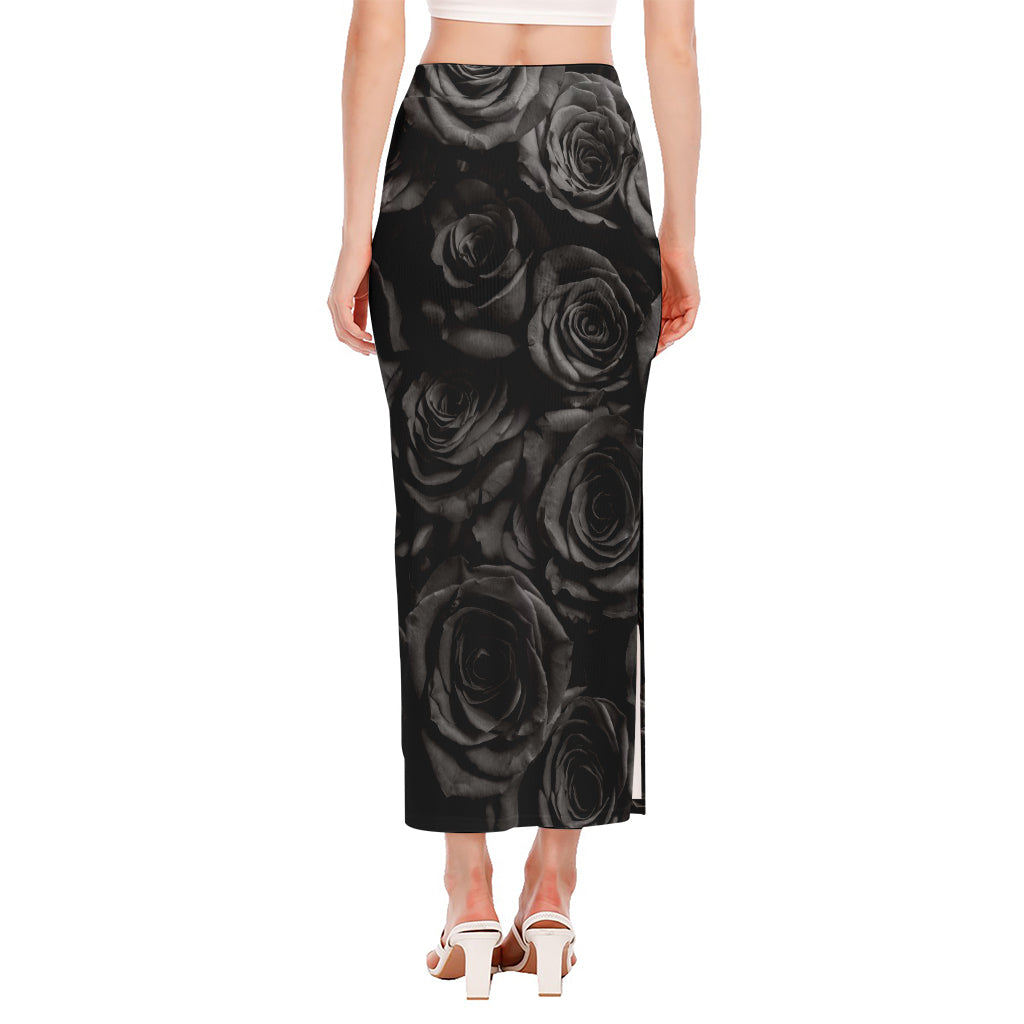 Black Rose Print Side Slit Maxi Skirt