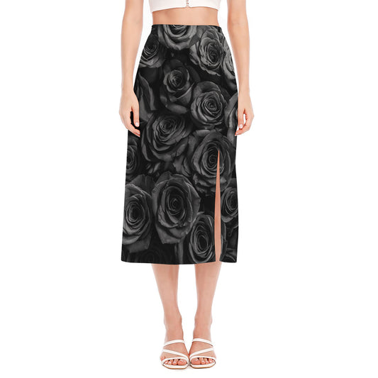 Black Rose Print Side Slit Midi Skirt