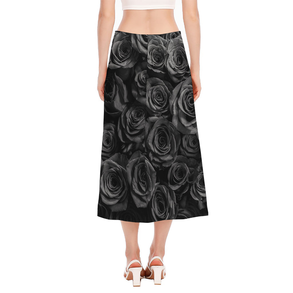 Black Rose Print Side Slit Midi Skirt