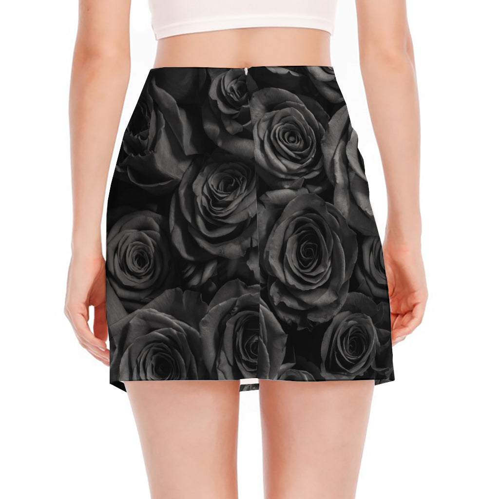 Black Rose Print Side Slit Mini Skirt