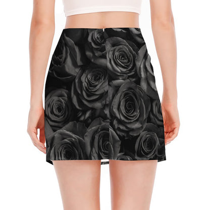 Black Rose Print Side Slit Mini Skirt