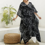 Black Rose Print Silk V-Neck Kaftan Dress