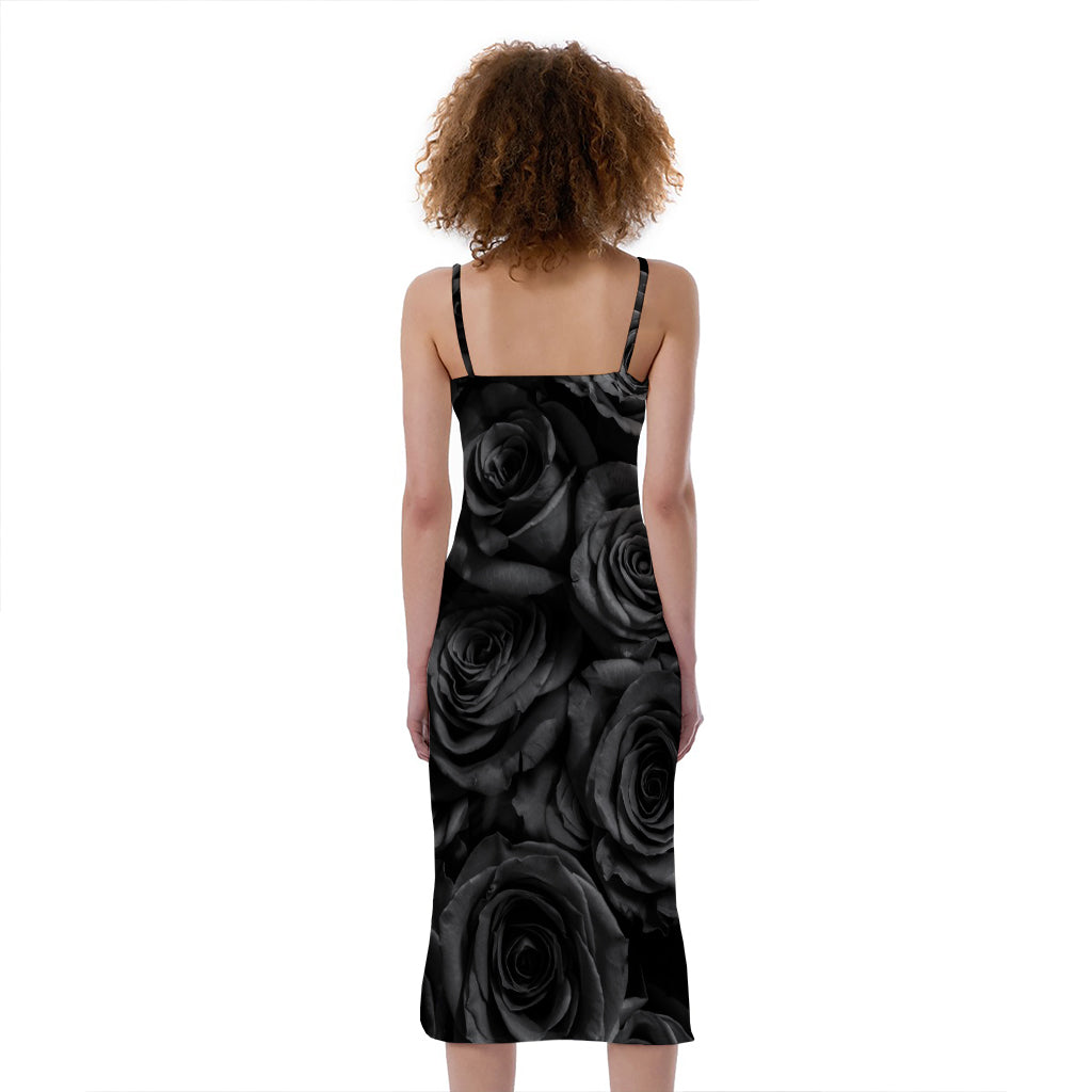Black Rose Print Slim Fit Midi Cami Dress