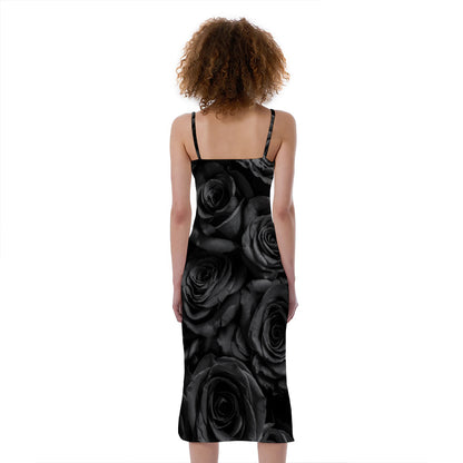 Black Rose Print Slim Fit Midi Cami Dress