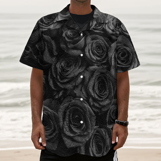 Black Rose Print Textured Short Sleeve Shirt