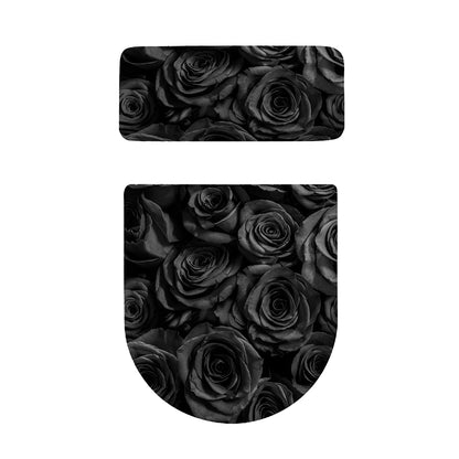 Black Rose Print Toilet Lid And Tank Cover Set