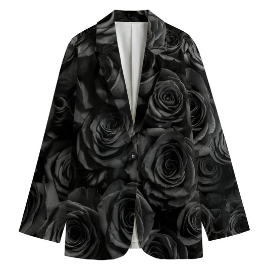 Black Rose Print Women's Cotton Blazer