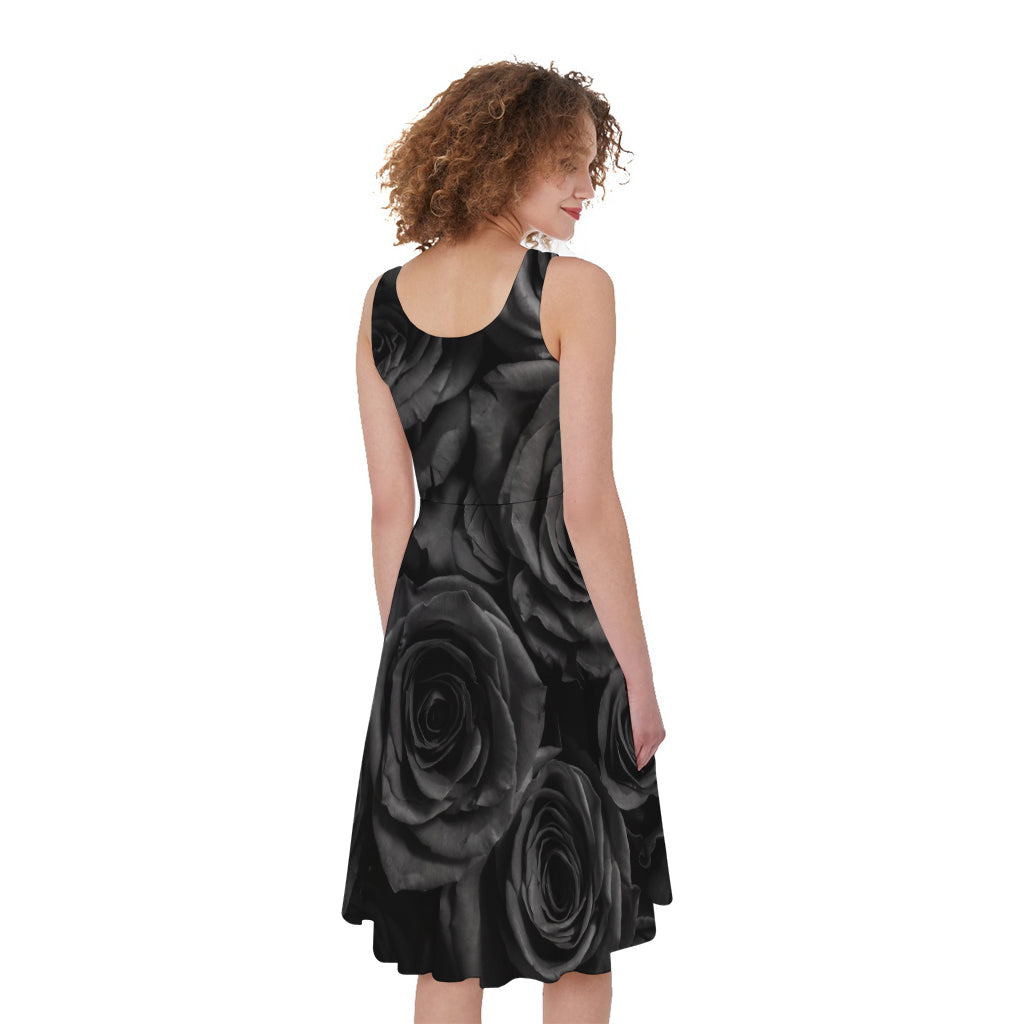 Black Rose Print Women's Sleeveless Dress