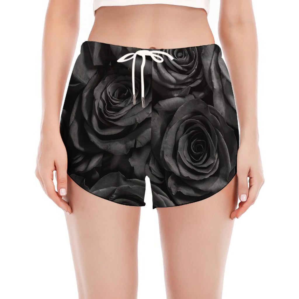 Black Rose Print Women's Split Running Shorts