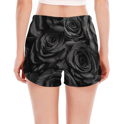 Black Rose Print Women's Split Running Shorts