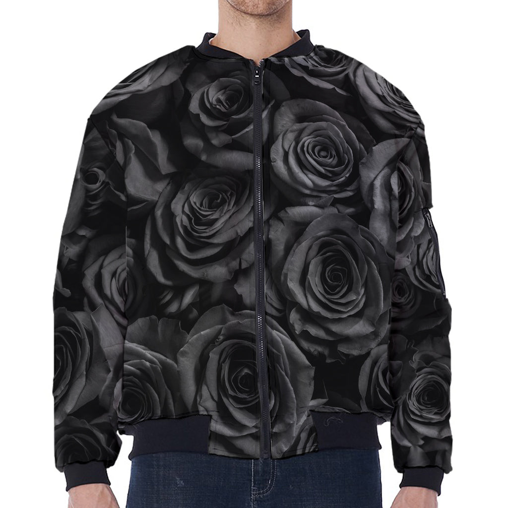 Black Rose Print Zip Sleeve Bomber Jacket