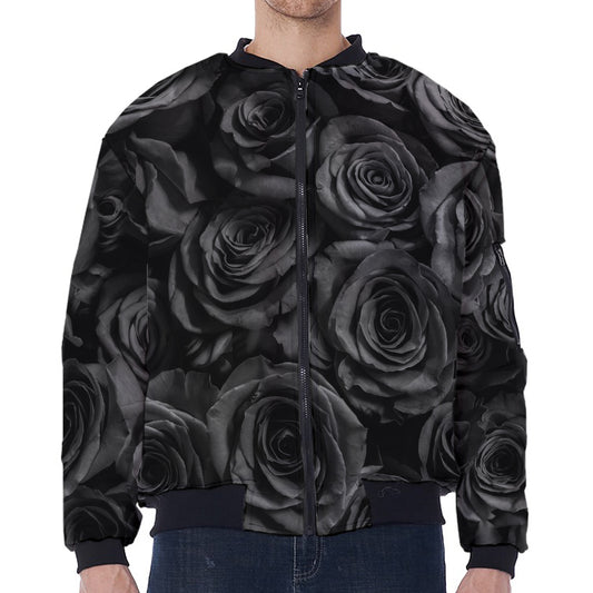 Black Rose Print Zip Sleeve Bomber Jacket