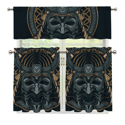 Black Samurai Mask Print 3 Piece Kitchen Curtains
