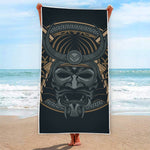 Black Samurai Mask Print Beach Towel