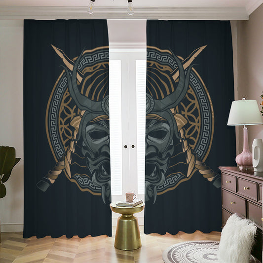 Black Samurai Mask Print Blackout Pencil Pleat Curtains
