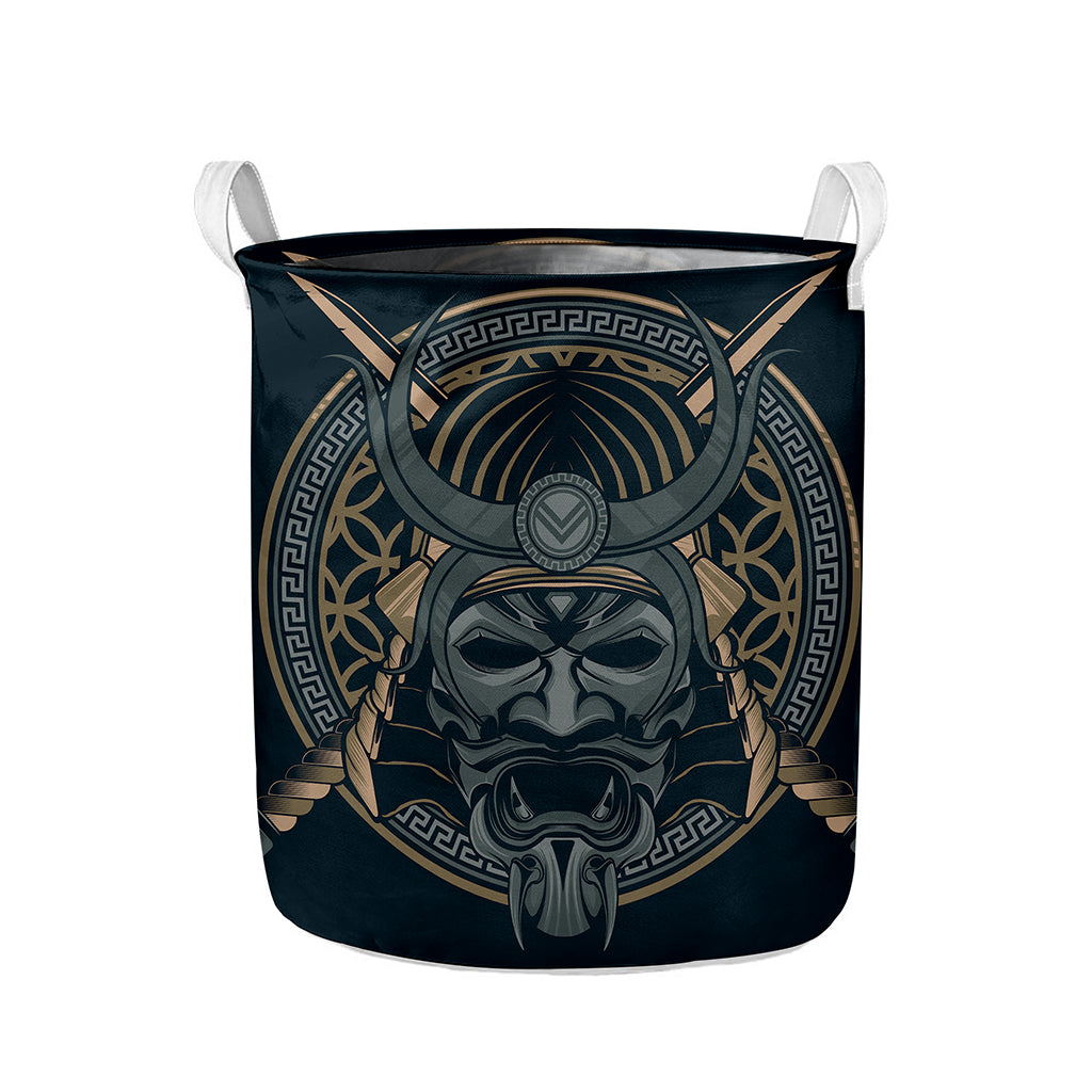 Black Samurai Mask Print Collapsible Laundry Basket
