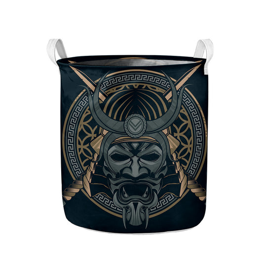 Black Samurai Mask Print Collapsible Laundry Basket