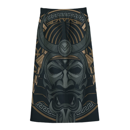Black Samurai Mask Print Cotton Front Slit Maxi Skirt