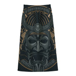 Black Samurai Mask Print Cotton Front Slit Maxi Skirt