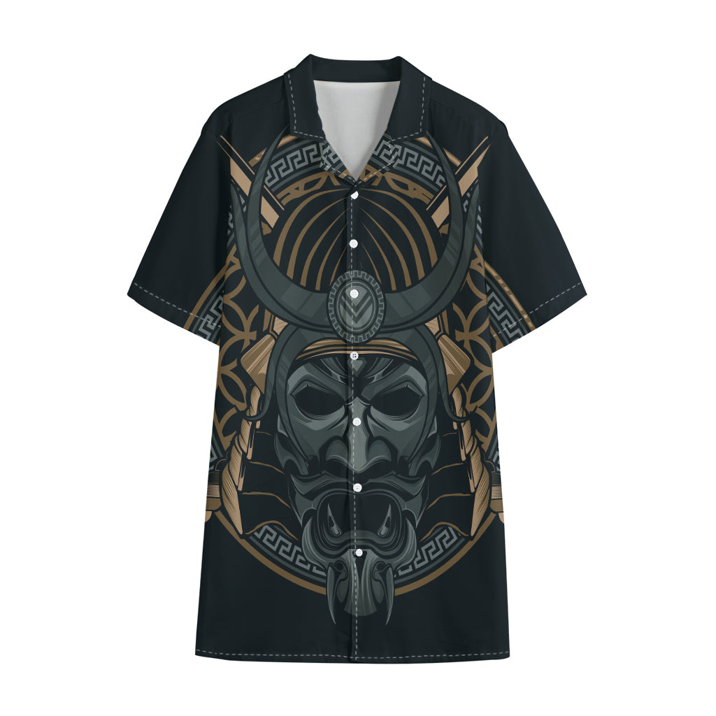 Black Samurai Mask Print Cotton Hawaiian Shirt