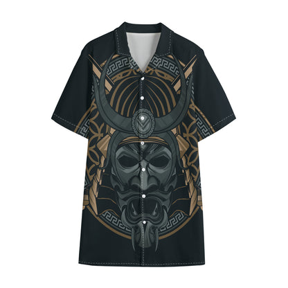 Black Samurai Mask Print Cotton Hawaiian Shirt