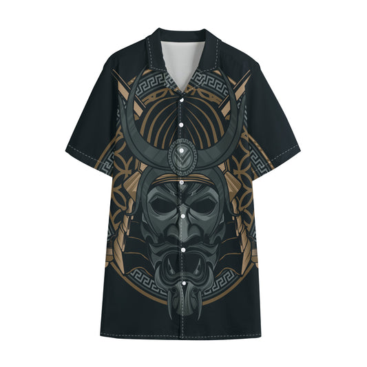 Black Samurai Mask Print Cotton Hawaiian Shirt