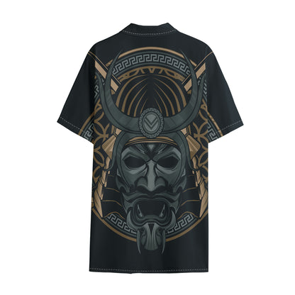 Black Samurai Mask Print Cotton Hawaiian Shirt