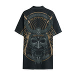 Black Samurai Mask Print Cotton Hawaiian Shirt