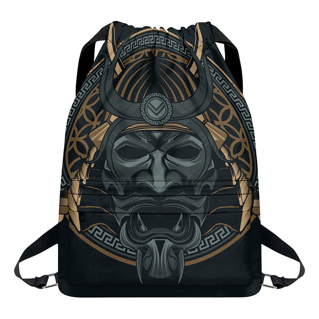Black Samurai Mask Print Drawstring Backpack
