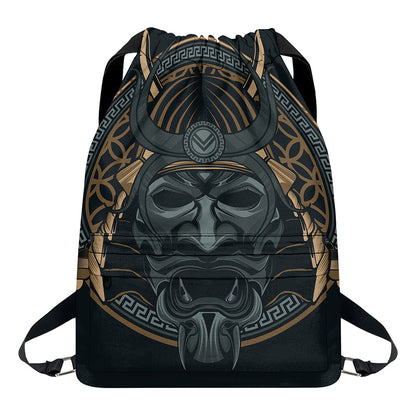 Black Samurai Mask Print Drawstring Backpack