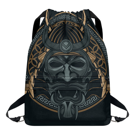 Black Samurai Mask Print Drawstring Backpack