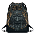 Black Samurai Mask Print Drawstring Backpack