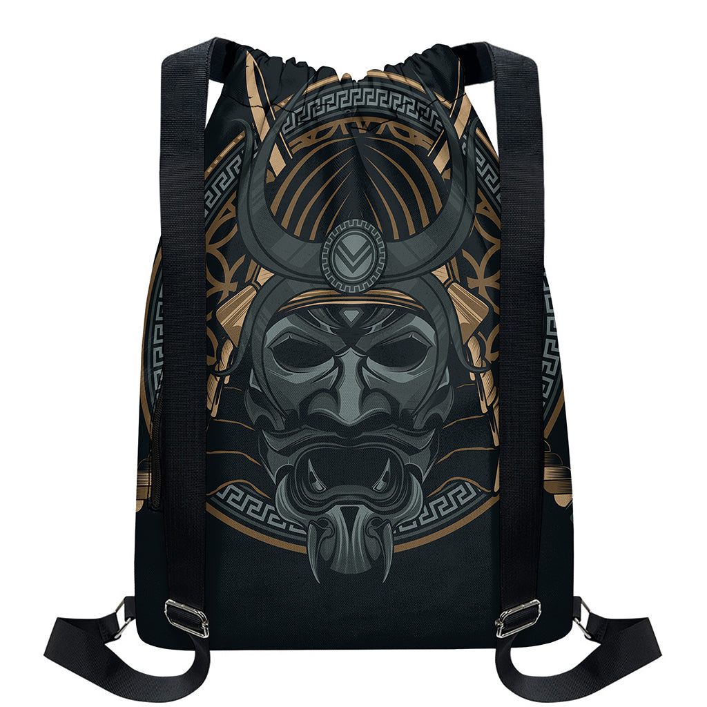 Black Samurai Mask Print Drawstring Backpack