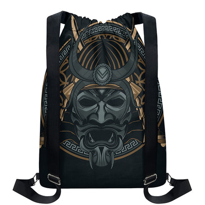 Black Samurai Mask Print Drawstring Backpack