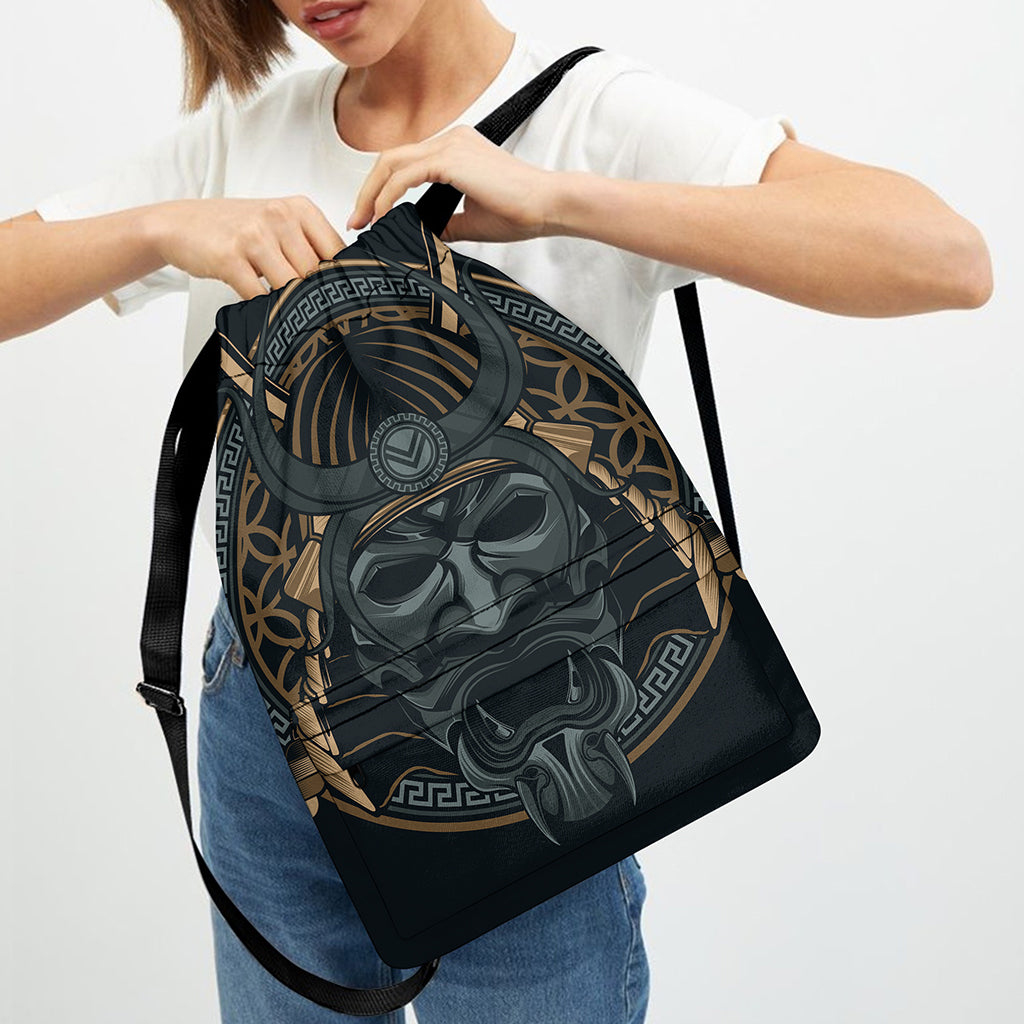 Black Samurai Mask Print Drawstring Backpack