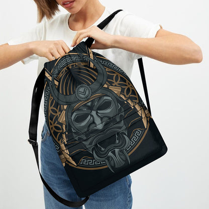 Black Samurai Mask Print Drawstring Backpack