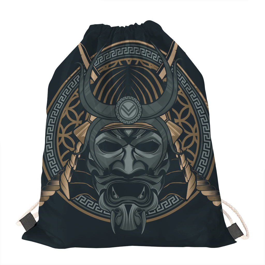 Black Samurai Mask Print Drawstring Bag