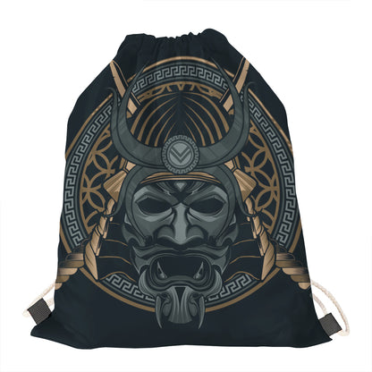Black Samurai Mask Print Drawstring Bag